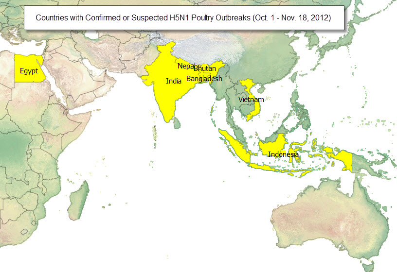 Click image for larger version
Name: H5N1 Poultry outbreaks 20121118.jpg
Views: 1
Size: 122.4 KB
ID: 668005